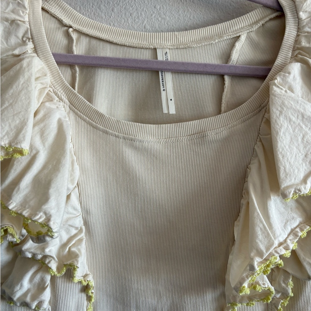 Anthropologie Oversized Ruffles Short Sleeve Ribbed Top Women’s Medium Cream - Picture 6 of 12